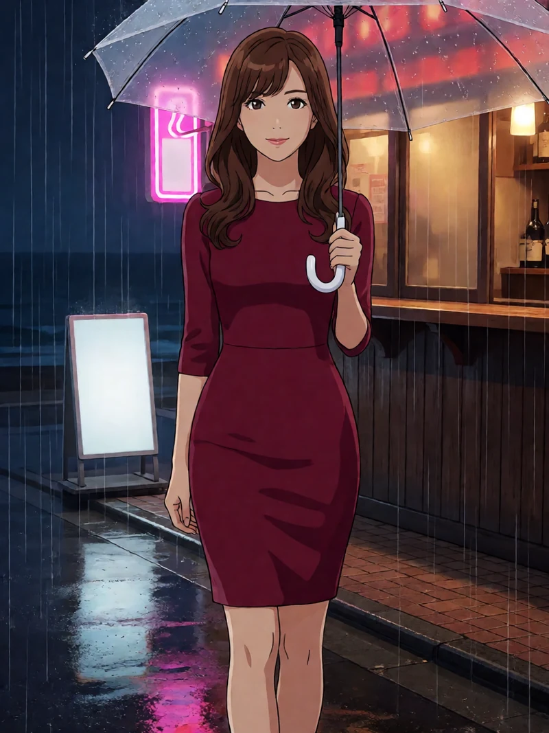 原创日式漫剧：成年长卷发红裙女性撑伞站在雨夜海边城市小酒吧门口