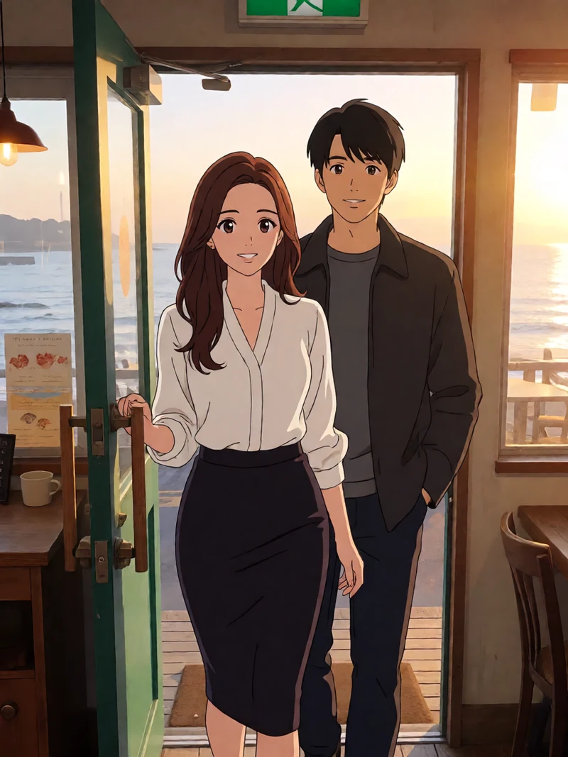 原创日式漫剧：成年长卷发白衬衫女性与深灰外套男子打开清晨海边小店门