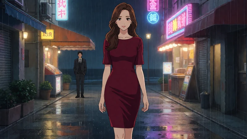 原创日式漫剧主图：成年红裙女歌手站在雨夜海边城市的霓虹街口，远处有成年男子的模糊身影